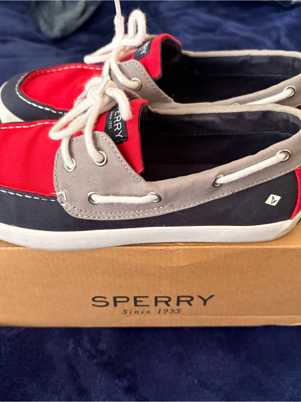Sperry Kids Red, Gray & Navy Two-Tone Moccasins